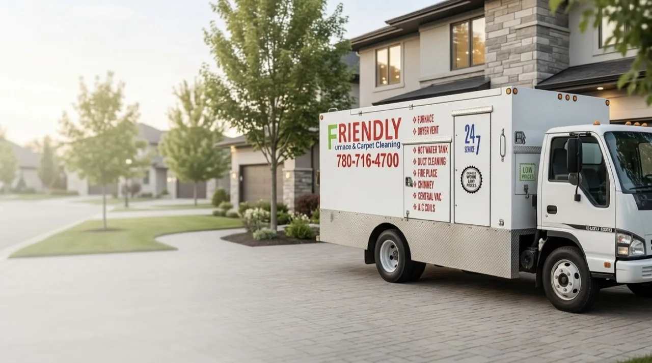 Friendly Furnace service truck parked outside a modern suburban home in Edmonton.