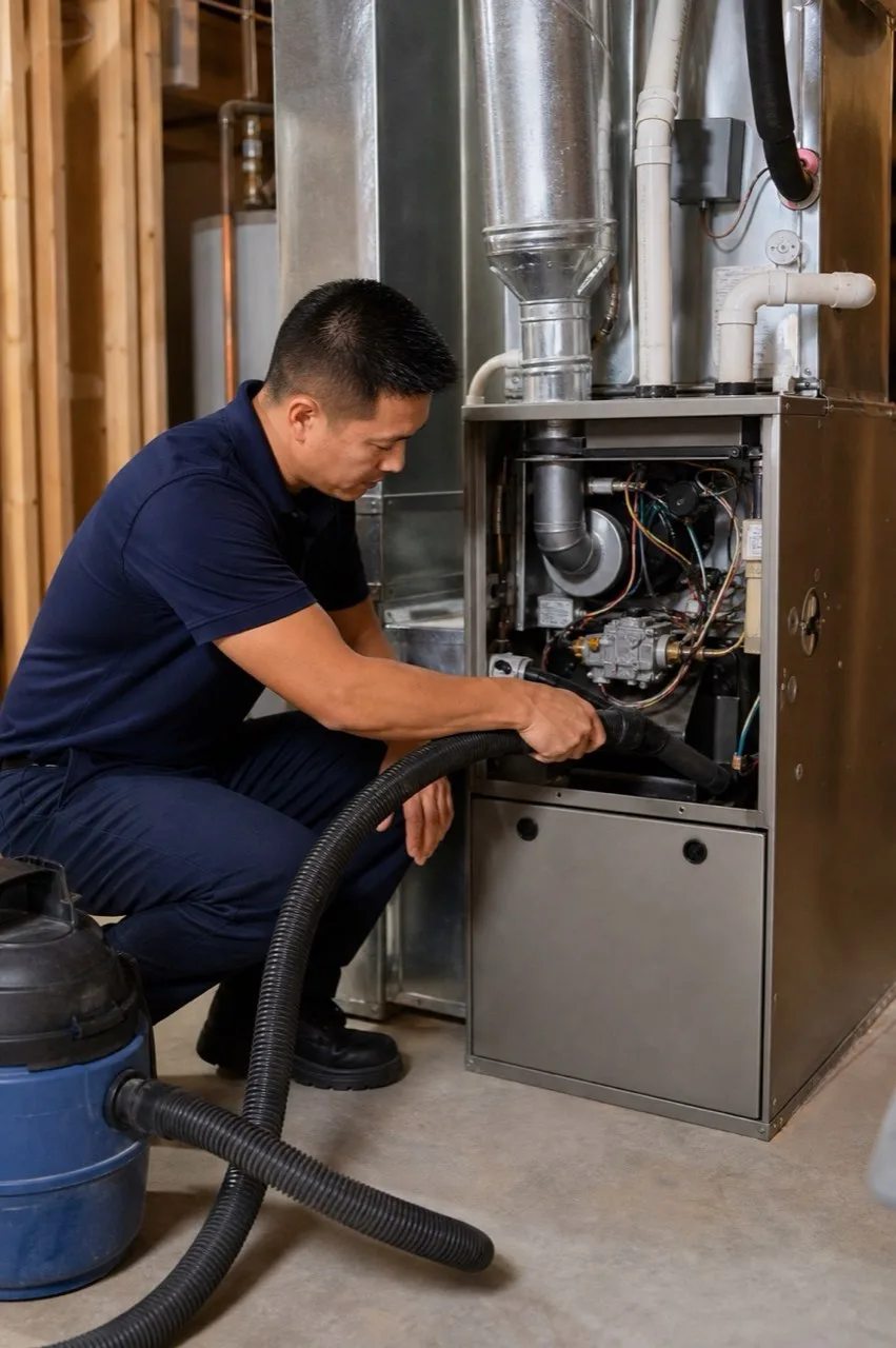 Technician cleaning a residential furnace in a North American suburban home basement